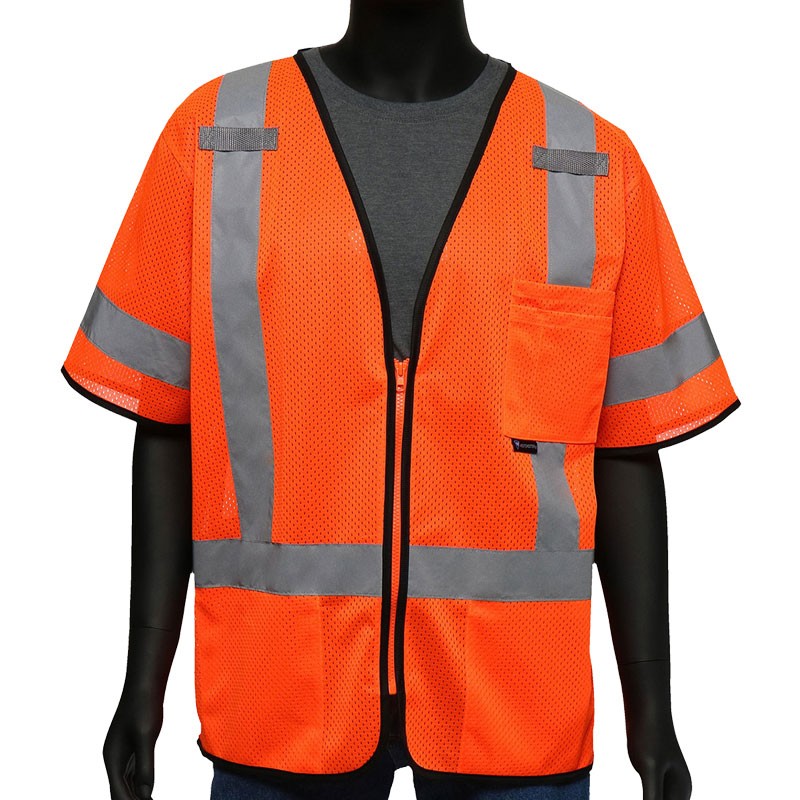 Class 3 Safety Vest, Mesh, Hi-Vis Orange, Zipper Closure, X-Large