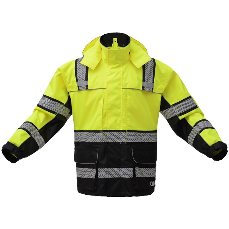 Rip Stop Class 3 Rain Coat, HiVis Yelow Black Bottom, Removable Hood, 4XL/5XL-Large