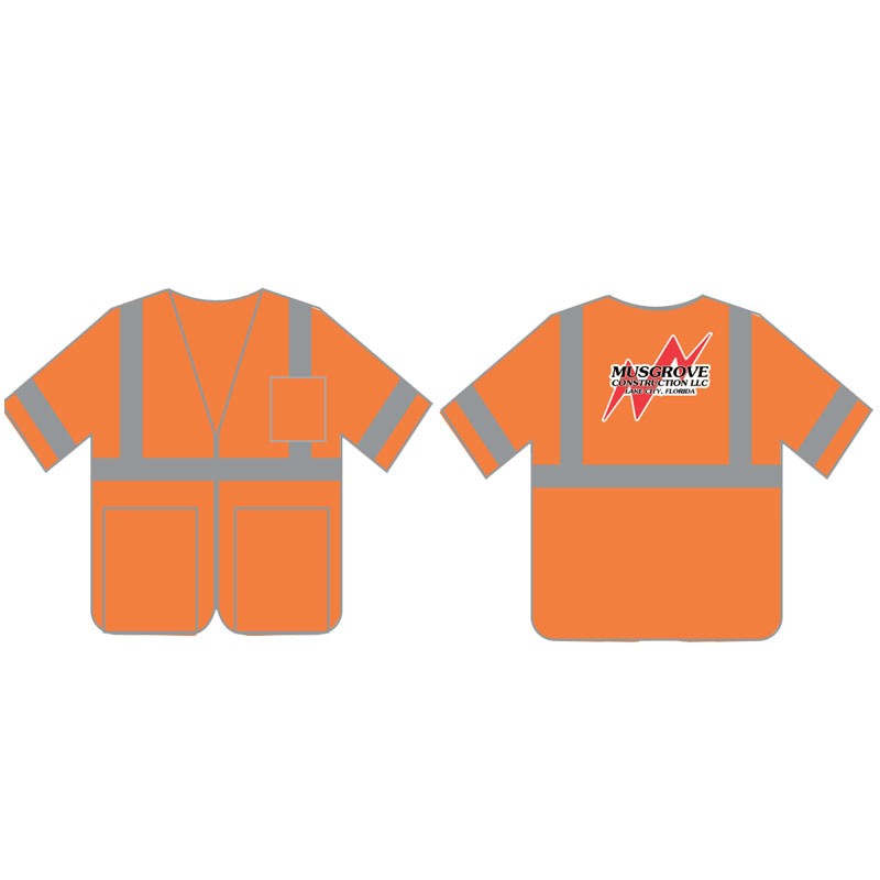 XL CLS-3 HI-VIS ORANGE SAFETY VEST MESH  W/ ZIPPER CLOSURE W/ MUSGROVE LOGO 3C 1L
