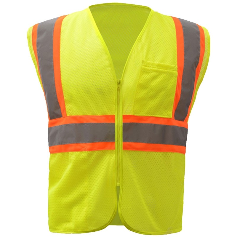 Class 2 Mesh Safety Vest, Two-Tone Striping, 2 Pockets, Hi-Vis Yellow, Zipper Closure, 2-XL