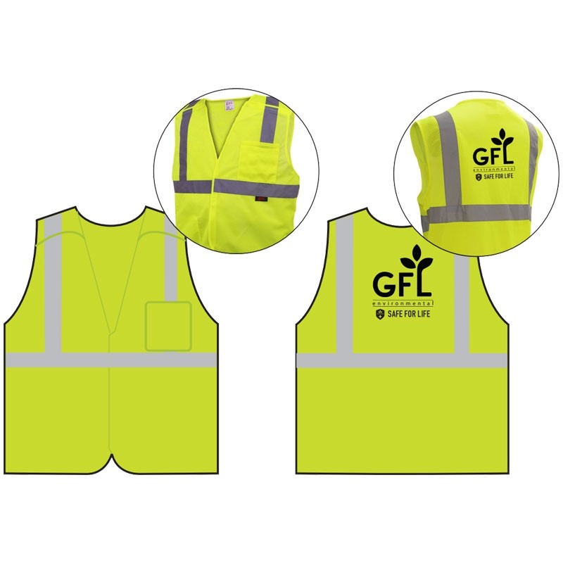 5XL CLS 2 HI-VIS YELLOW MESH BREAKAWAY VEST HOOK AND LOOP CLOSURE W/ GFL ENVIRONMENTAL LOGO 1C 1L