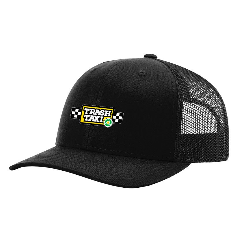 SOLID BLACK TRUCKER CAP W/ TRASH TAXI LOGO 4C 1L