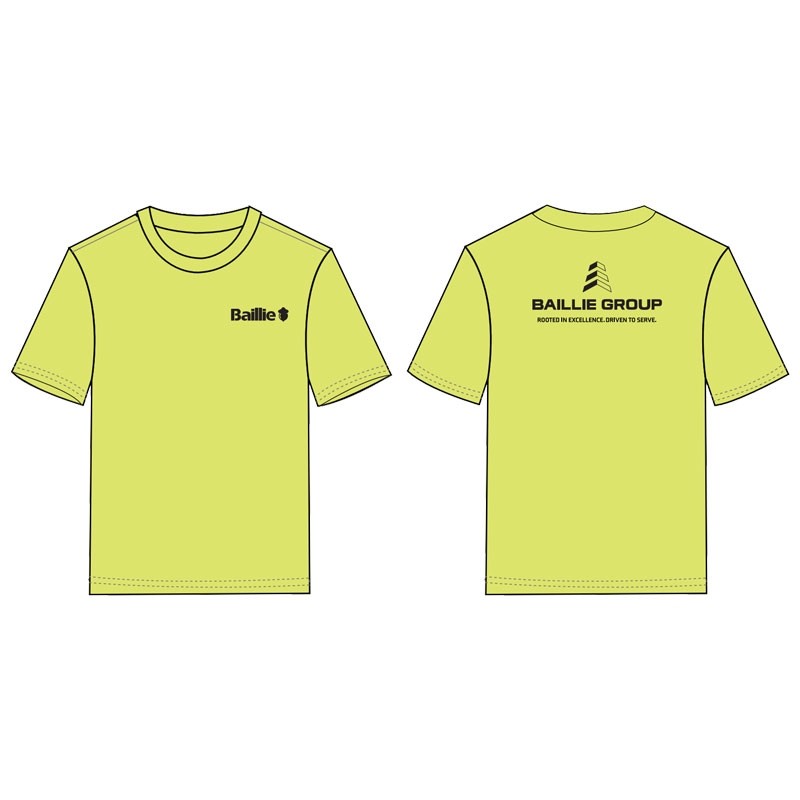2XL SAFETY GREEN DRI-POWER S/S T-SHIRT   W/OUT POCKET W/ BAILLIE LUMBER LOGO 1C 2L