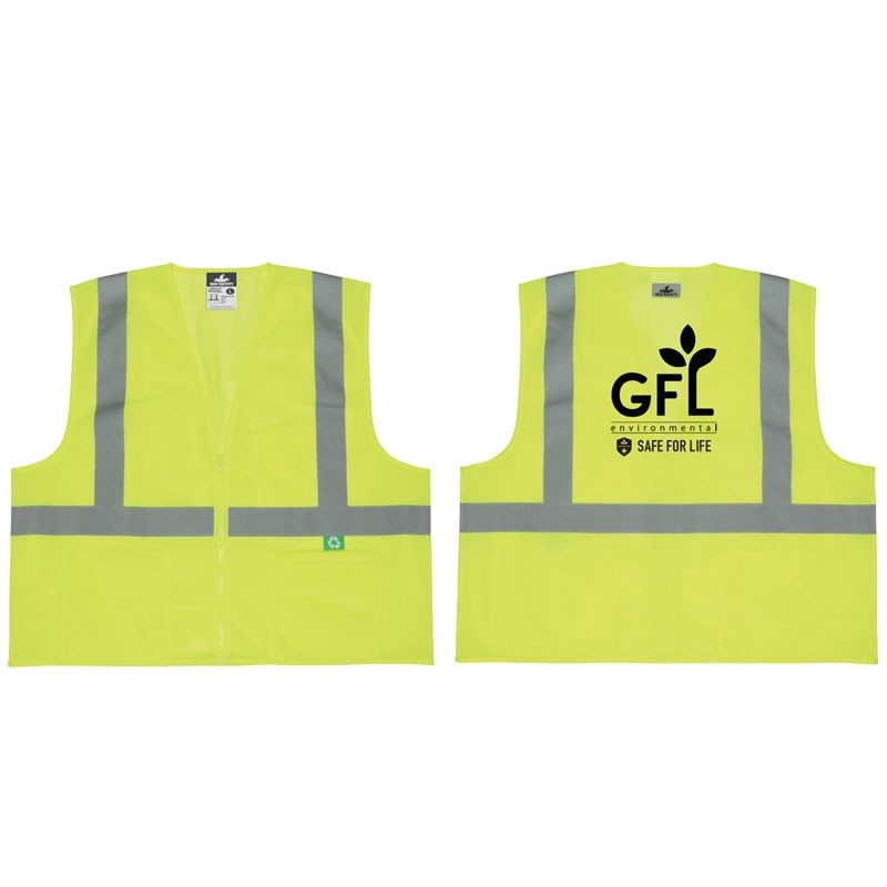 LG CLS-2 HI-VIS YEL RECYCLED VEST MESH MATERIAL, ZIPPER CLOSURE, & 3 POCKETS W/ GFL ENVIRONMENTAL LOGO 1C 1L