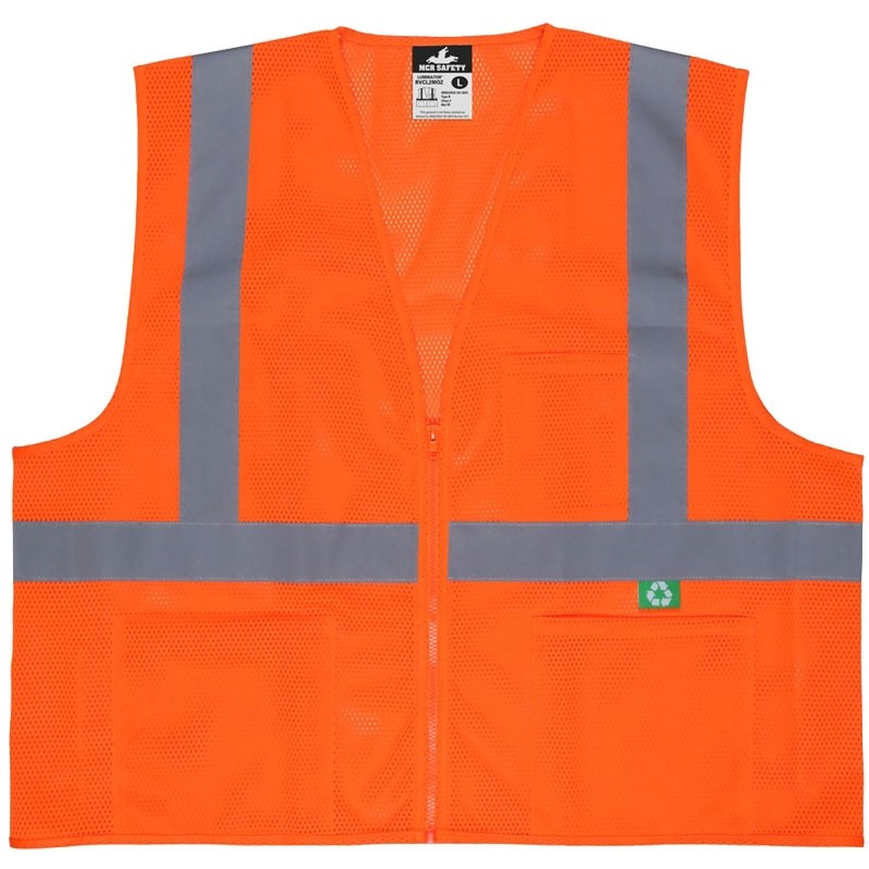 Class 2 Recycled Safety Vest, Hi-Vis Orange Mesh, Zipper Closure, 3 Pockets, Small