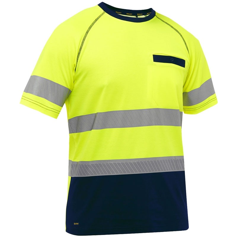 Bisley® Class 2 Short Sleeve Cotton-Lined Polyester T-Shirt, Hi-Vis Yellow w/ Navy Bottom, Small