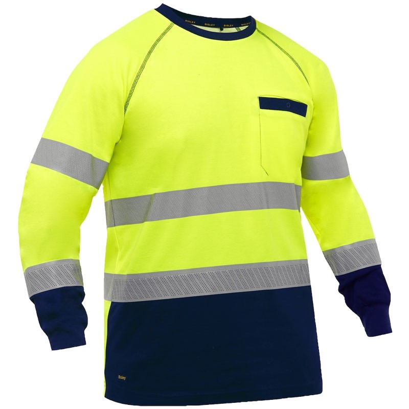 Bisley® Class 3 Navy Bottom Long Sleeve Shirt w/ Perforated Reflective Tape - Hi-Vis Yellow, 5-XL