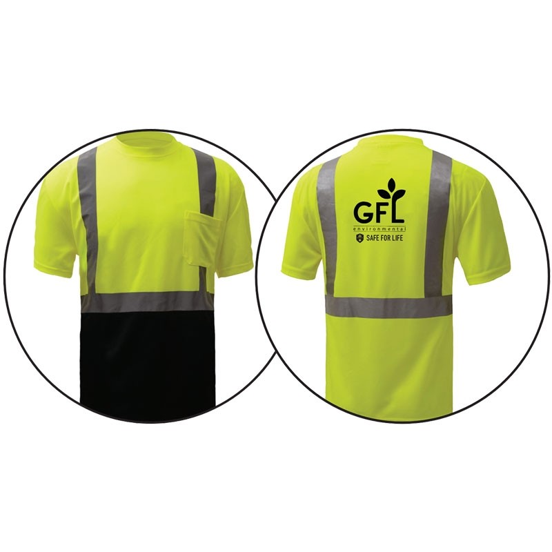 2XL CLS 2 HI-VIS YELLOW TALL S/S T-SHIRT W/ BLACK BOTTOM W/ GFL-ENVIROMENTAL LOGO 1C 1L