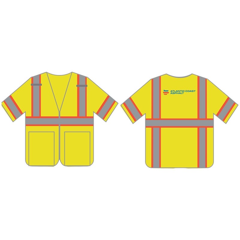 L CLS-3 HI-VIS YEL MESH SAFETY VEST W/  2-TONE STRIPE, 6 POCKETS, HOOK & LOOP CLOSURE W/ ATLANTIC COAST ASPHALT LOGO 2C 1L
