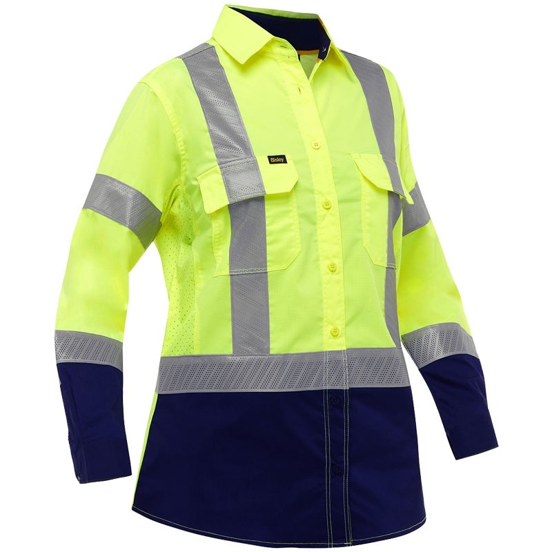 Class 3 Women's Navy Bottom Long Sleeve Work Shirt w/ Vented Back, Stretch Reflective Tape, Medium
