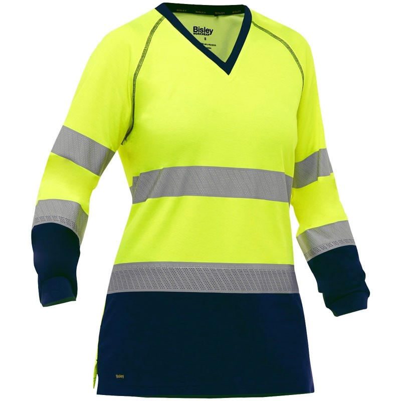 Bisley® Women's Class 3 Cotton Lined Polyester Long Sleeve T-Shirt, Hi-Vis Yellow w/ Navy Bottom, 2-XL