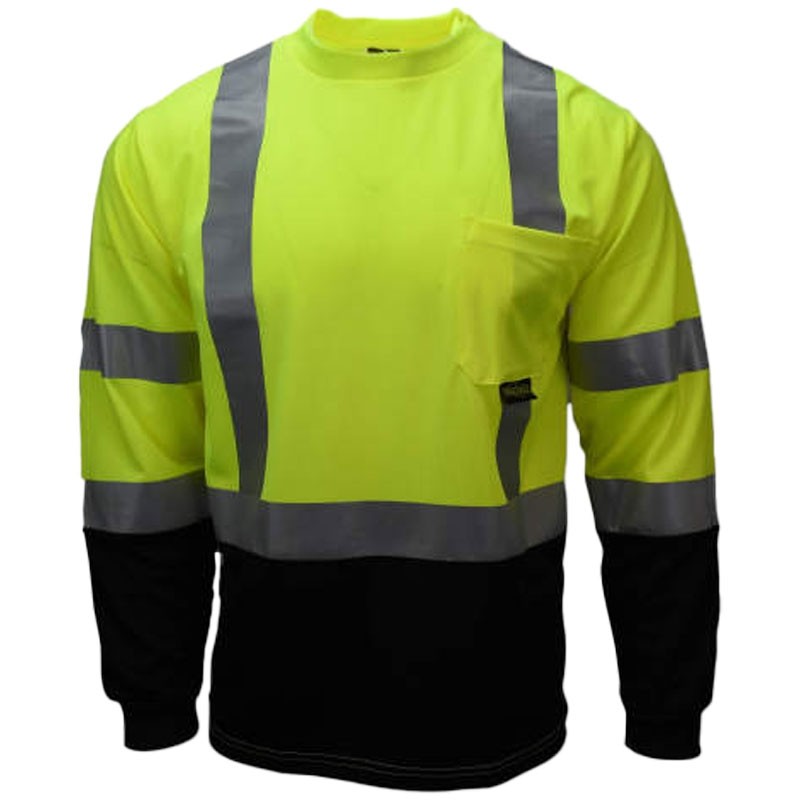 Class 3 Black Bottom/ Sleeves Long Sleeve Shirt w/ Reflective Stripe - Hi-Vis Yellow, 5-XL