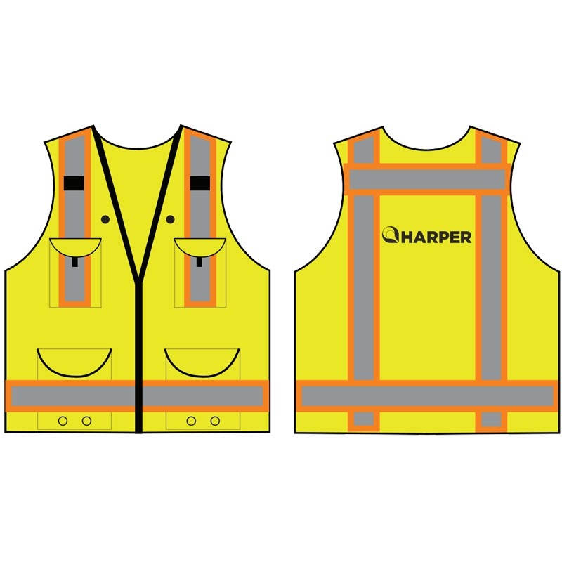 4XL CLS-2 H-VIS YEL TWO-TONE RIPSTOP  SAFETY VEST SOLID FRONT MESH BACK 15 POCKET W/ HARPER LIMBACH LOGO 1C 1L
