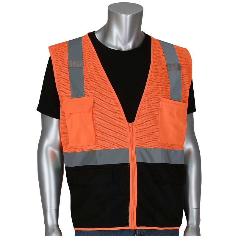 Class 2 Safety Vest, Hi-Vis Orange Mesh, Black Bottom Front, Zipper Closure, X-Large