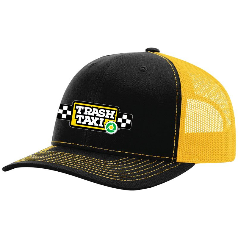 SPLIT BLACK/ GOLD TRUCKER CAP W/ TRASH TAXI LOGO 4C 1L