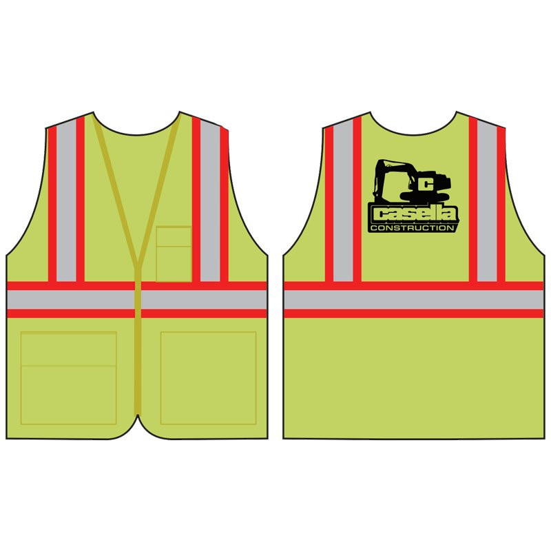 6XL CLS-2 5-PT BREAKAWAY 2-TONE STRIPESAFETY VEST W/ ZIPPER CLOSURE W/ CASELLA CONSTRUCTION LOGO 1C 1L