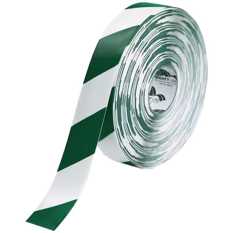Mighty Line® Floor Hazard Marking Tape, Green & White Diagonal Stripe, 2" x 100' Roll
