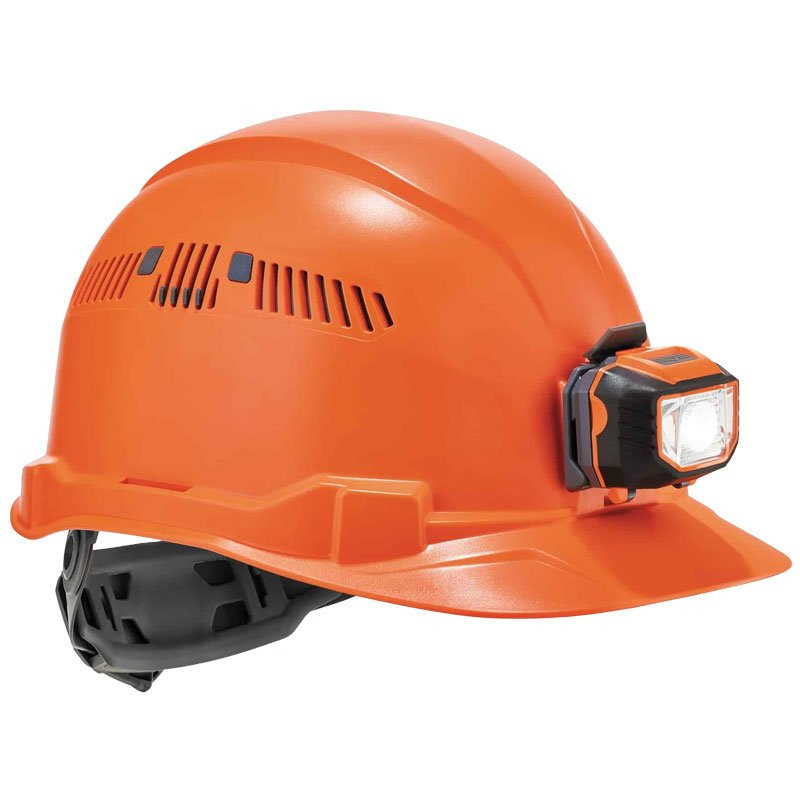 Skullerz® Orange Hard Hat w/LED Light, Vented, 4-Point Ratchet Suspension