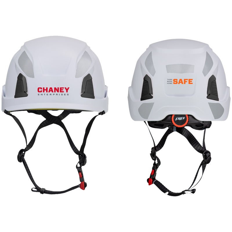 TRAVERSE TYPE I SAFETY HELMET - WHITE W/ 4-PT WHEEL RATCHET SUSPENSION, 4-PT CHIN STRAP W/ REFELECTIVE STICKER KIT W/ CHANEY ENTERPRISE LOGO 2MC 2MC 2L