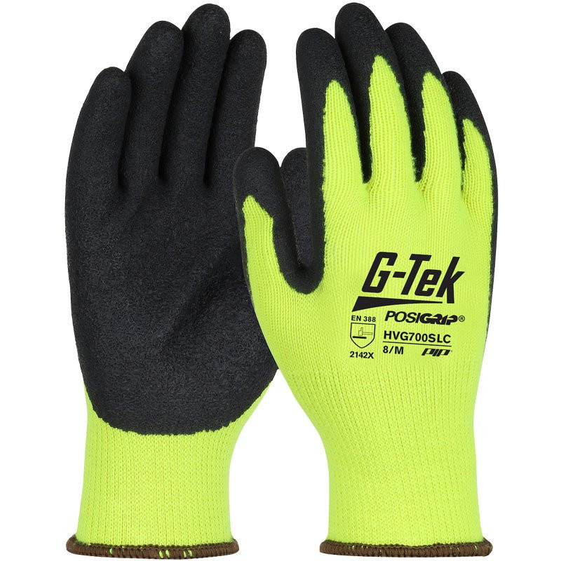 Yellow Hi-Vis Poly/Cotton Latex Crinkle Dipped Gloves, Medium