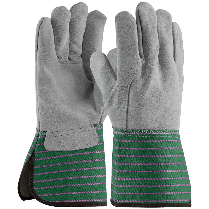 Split Cowhide Palm Full Leather Back Gloves, Rubberized Gauntlet Cuff, Small