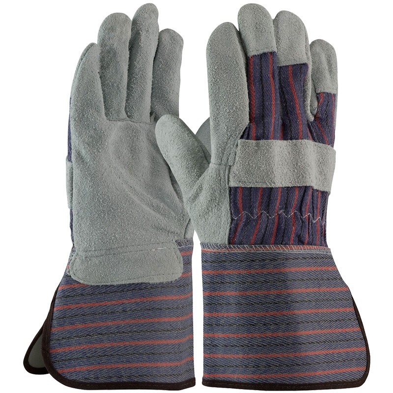 Single Palm Leather Work Glove, Canvas Back, Rubberized Gauntlet Cuff, Large