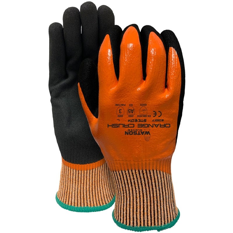 13ga Recycled Polyester Glove, Full Orange Smooth Nitrile Coat & Black Nitrile MicroSurface Grip, Medium