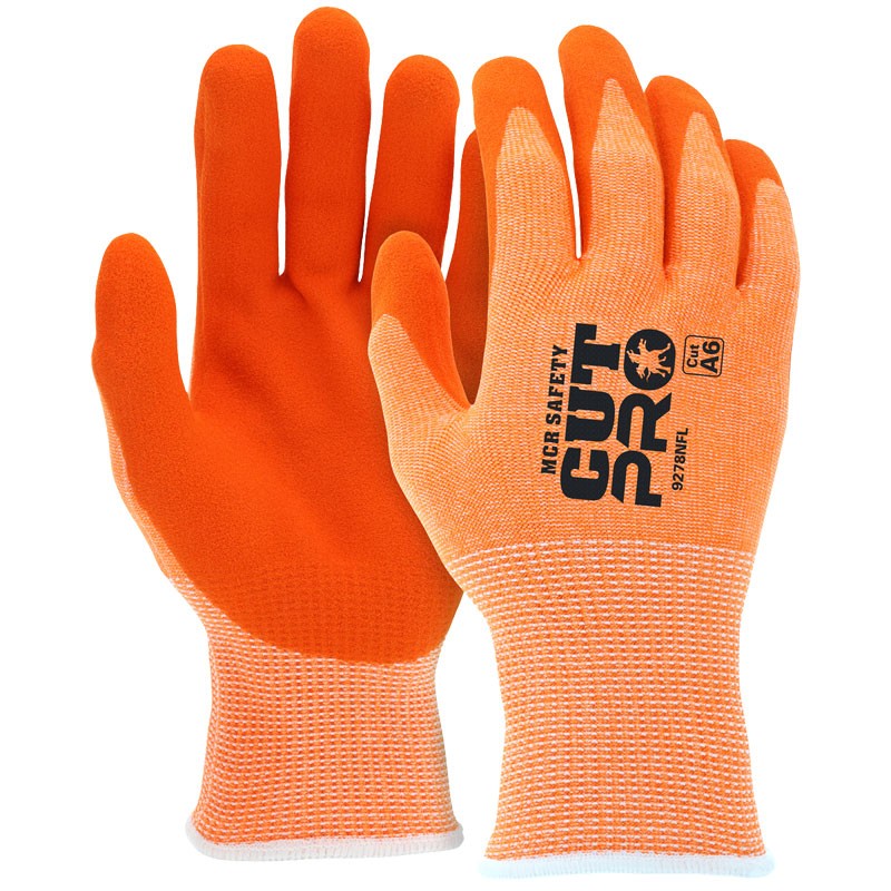 MCR Safety Cut Pro® HyperMax™ High Visibility Shell, Sandy Foam Nitrile Coated Palm and Fingertips, Medium