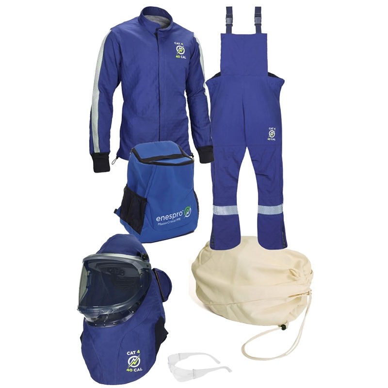 Enespro® AGP™ 40cal/cm² Arc Flash Kit w/ Jacket & Bib Overall, Hard Hat, Lift-Front Hood w/ Dual Fans, Backpack Storage, No Gloves, 3-XL