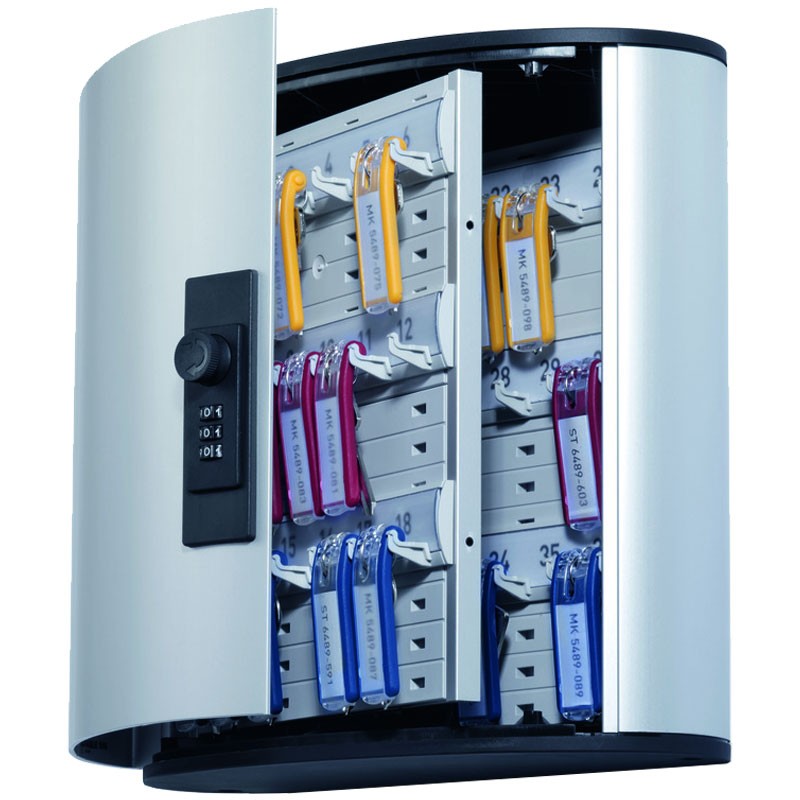 Locking Key Cabinet, 36-Key, Brushed Aluminum, Silver