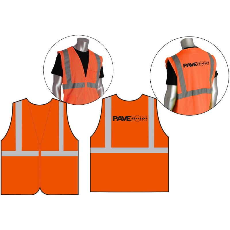 Class 2 Safety Vest - Orange Mesh, Black PaveCon Logo Printed Back Center, Large