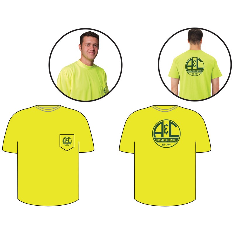 3-XL  NON-ANSI T-SHIRT HI-VIS YEL W/ 1 POCKET   W/ A AND C CONSTRUCTION LOGO (1C - 2L)