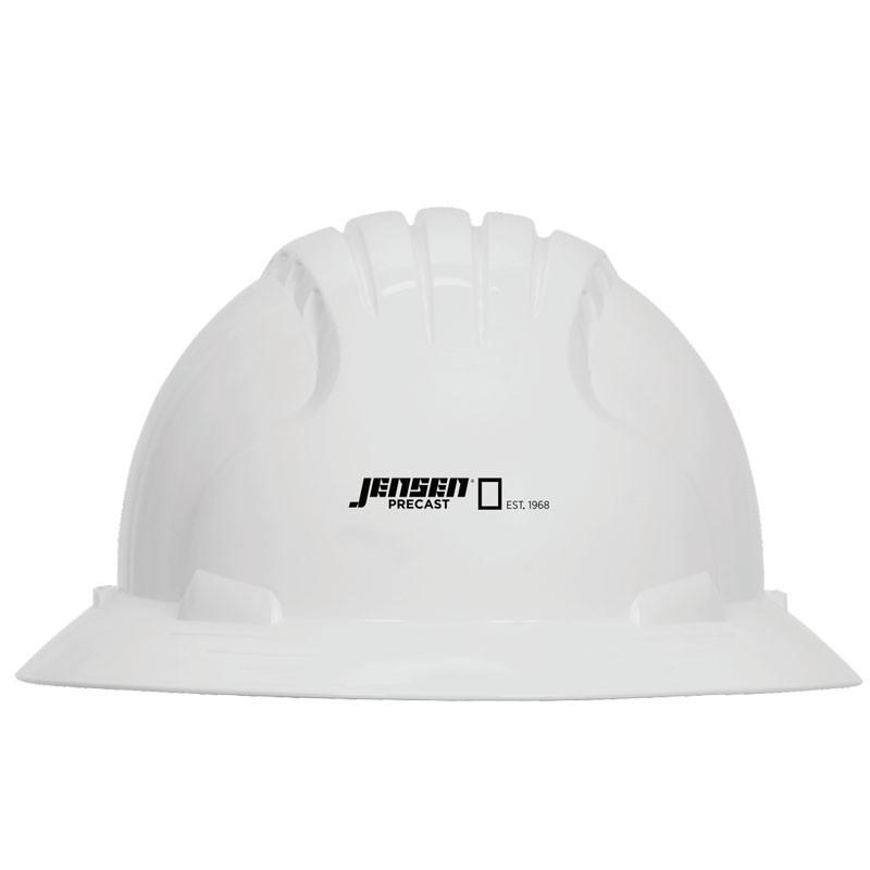 #6161 WHITE WHEEL RATCHET FULL BRIM HARD HAT  W/ JENSEN PRECAST LOGO 1C -1L)