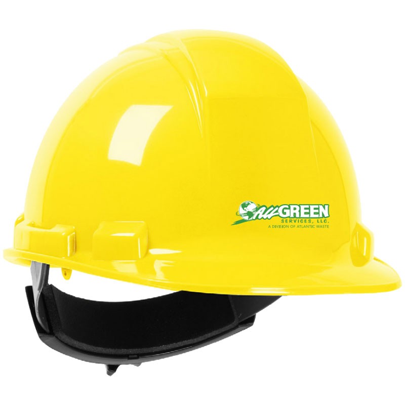 241R YELLOW HARD HAT W/ 4-PT WHEEL RATCH ET SUSPENSION W/ ALL GREEN SERVICES LOGO 2-C-1-L