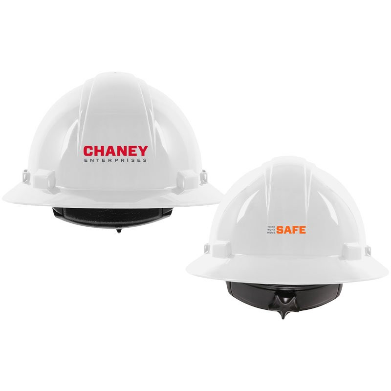 641R WHITE FULL BRIM HARD HAT W/ 4-PTWHEEL RATCHET SUSPENSION W/ CHANEY ENTERPRISES LOGO 2MC 2MC 2L