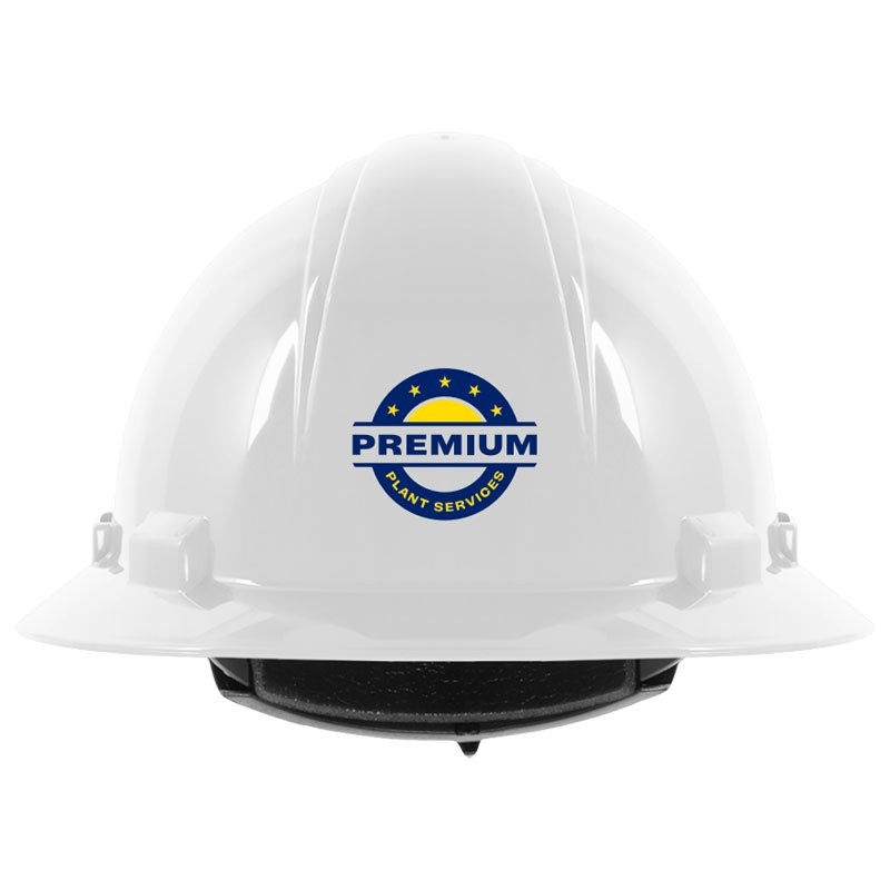641R WHITE FULL BRIM HARD HAT W/ 4-PTWHEEL RATCHET SUSPENSION W/ PREMIUM PLANT SERVICES LOGO 2C 1L