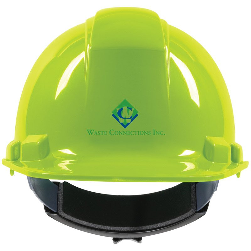 241R HI-VIS YELLOW HARD HAT W/ 4-PT WHEE L RATCHET SUSPENSION W/WASTE CONNECTIONS LOGO 2C 1L