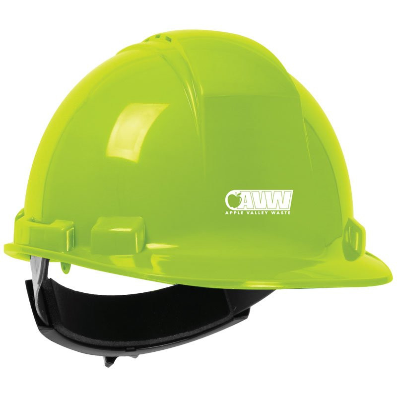 241R HI-VIS YELLOW HARD HAT W/ 4-PTWHEEL RATCHET SUSPENSION W/ APPLE VALLET WASTE LOGO 1C 1L