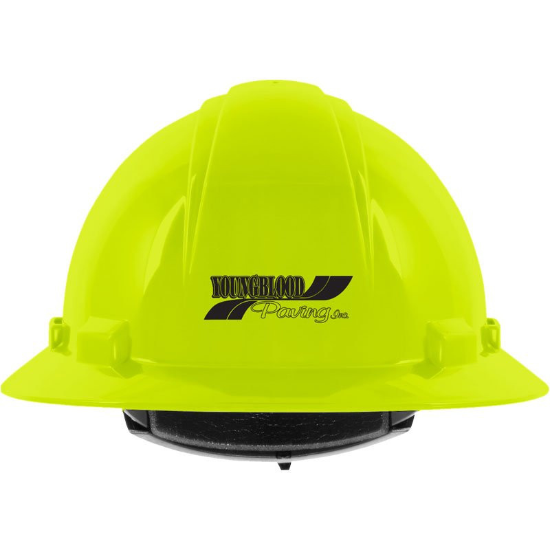 641R HI-VIS YELLOW HARD HAT W/ 4-PTWHEELL RATCHET SUSPENSION W/ YOUNGBLOOD PAVING INC LOGO 1C 1L
