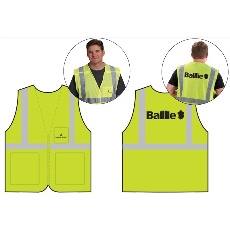 4XL CLS-2 HI-VIS YELLOW MESH BKWY VEST  5 POINT BREAKAWAY W/ BAILLIE LUMBER GROUP LOGO 1C 1C 2L
