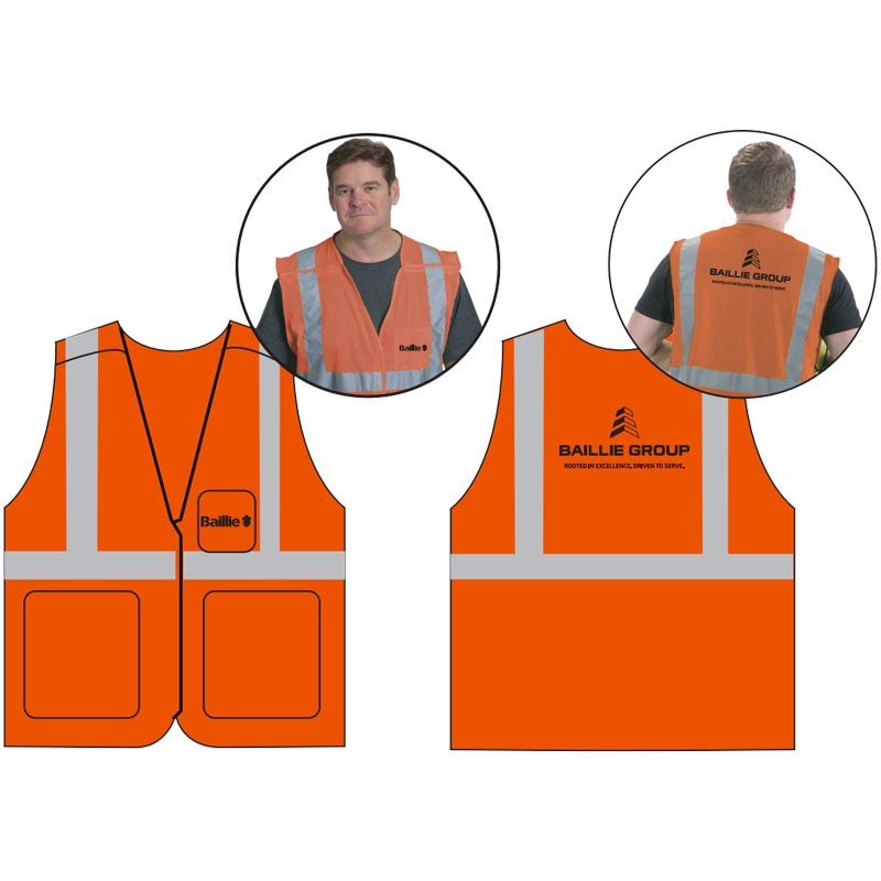 3XL CLS-2 HI-VIS ORANGE MESH BKWY VEST  5 POINT BREAKAWAY W/ BAILLIE LUMBER GROUP LOGO 1C 1C 2L