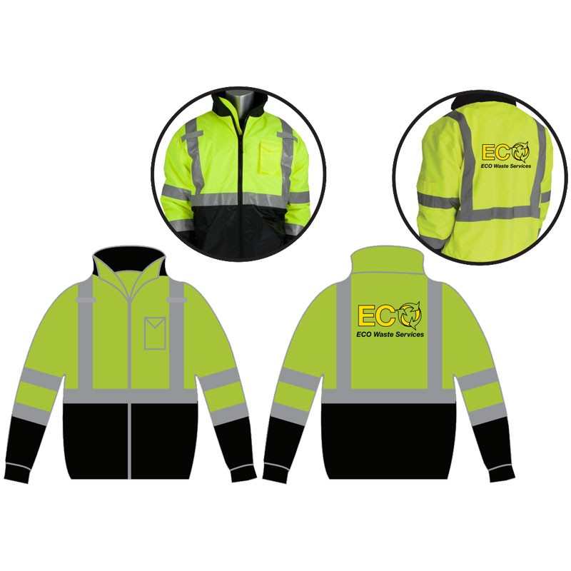MED CLS-3 HI-VIS YEL BOMBER JACKET W/ BLACK BOTTOM & FIXED LINER  W/ MERIDIAN WASTE LOGO 2C - 1L