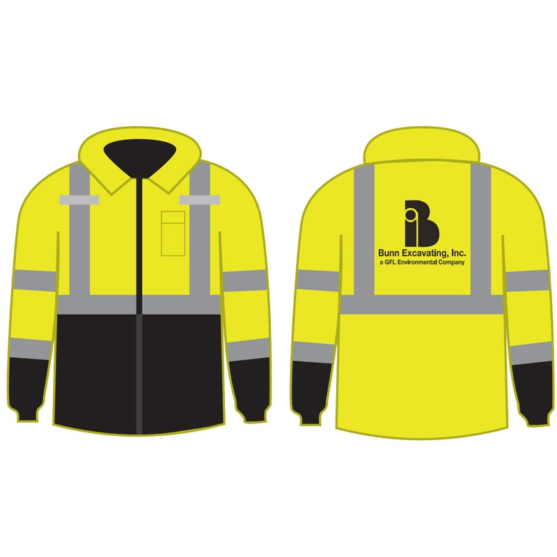 4XL CLS-3 HI-VIS YEL BOMBER JACKET W/BLACK BOTTOM & FIXED LINER W/ BUNN EXCAVATING INC LOGO 1C 1L