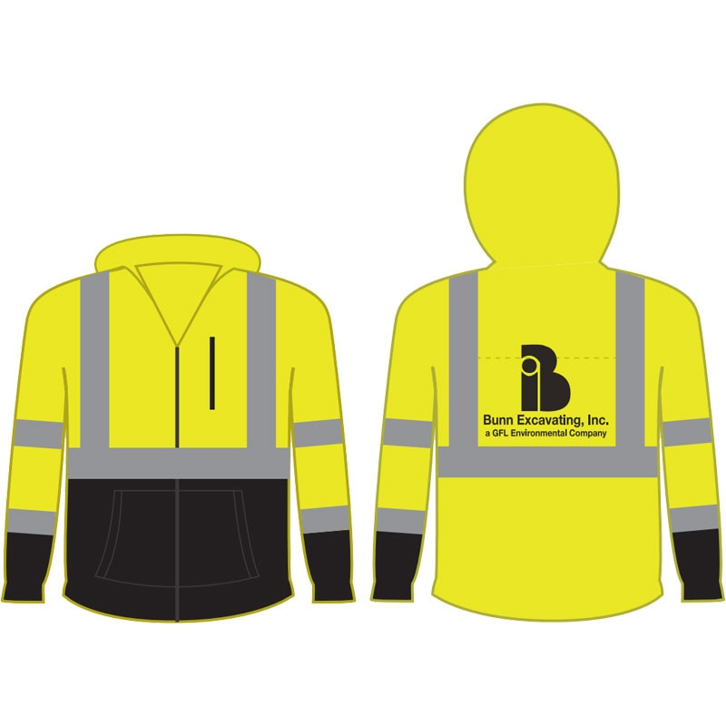 M CLASS 3 BLACK BOTTOM HOODIE  W/FULL ZIPPER W/ BUNN EXCAVATING INC LOGO 1C 1L