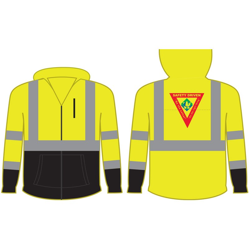 Class 3 Black Bottom Hoodie w/ Zipper and Full Color Waste Connections SAFETY DRIVEN Logo, Yellow - Large