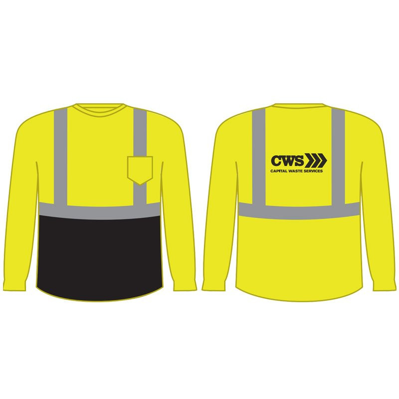 XL CLS 2 HI-VIS YEL L/S SHIRT -BLACK BOTTOM W/CAPITAL WASTE SERVICES LOGO 1C 1L