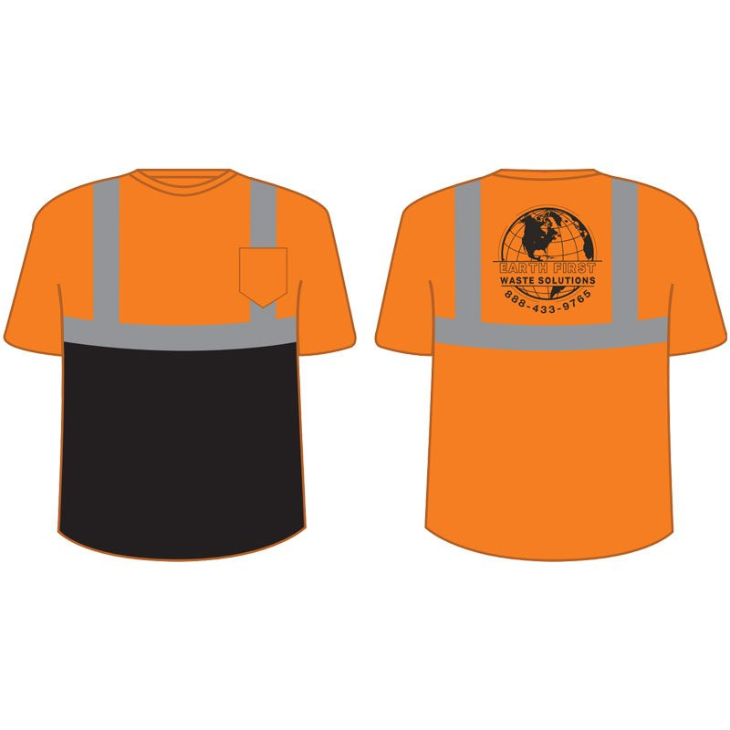 5XL CLASS 2 CREW NECK T-SHIRT ORANGEWITH BLACK BOTTOM W/EARTH FIRST WASTE SOLUTIONS LOGO 1C 1L


