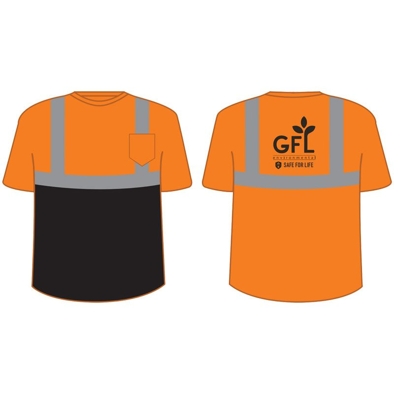 S CLASS 2 CREW NECK T-SHIRT ORANGEWITH BLACK BOTTOM W/ GFL ENVIORNMENTAL LOGO 1C 1L