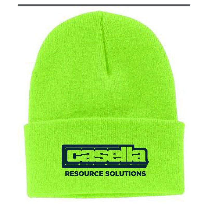NEON GREEN KNIT CAP W/ CASELLA RESOURCE LOGO EMBROIDERED ON FRONT FLAP
