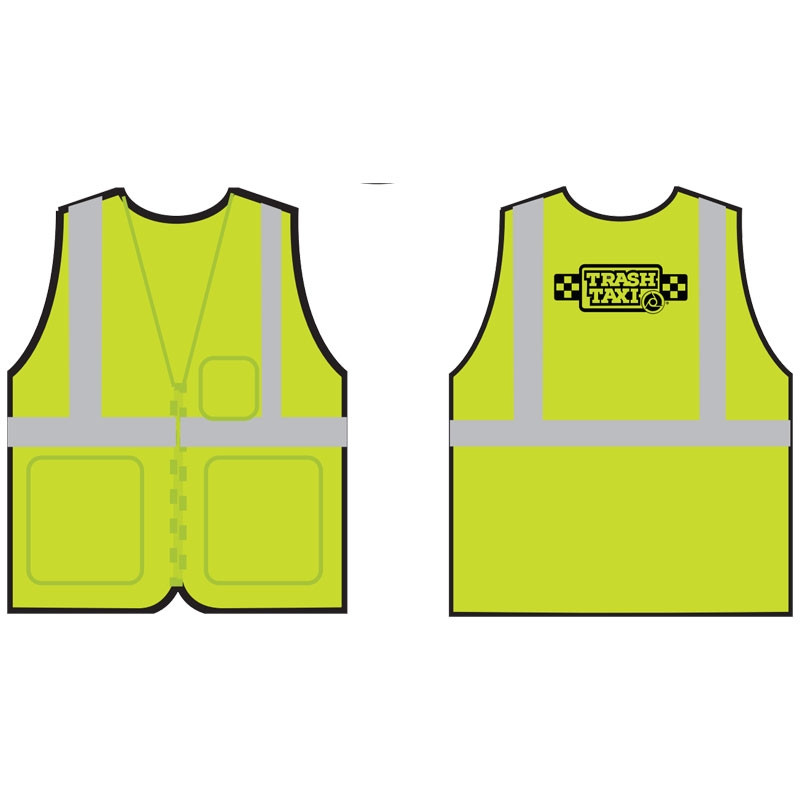 M CLS-2 HI-VIS YELLOW MESH BKWY VEST5 POINT BREAKAWAY W/ TRASH TAXI LOGO 1C 1L